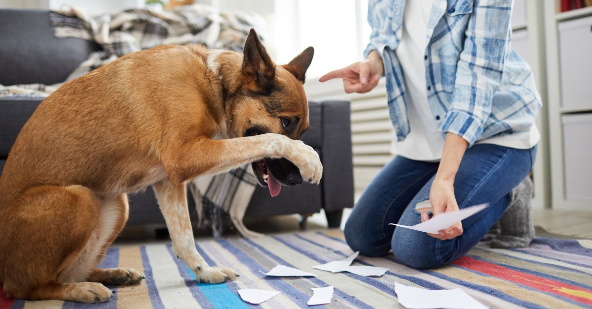 A woman telling off a dog after it made a mess.