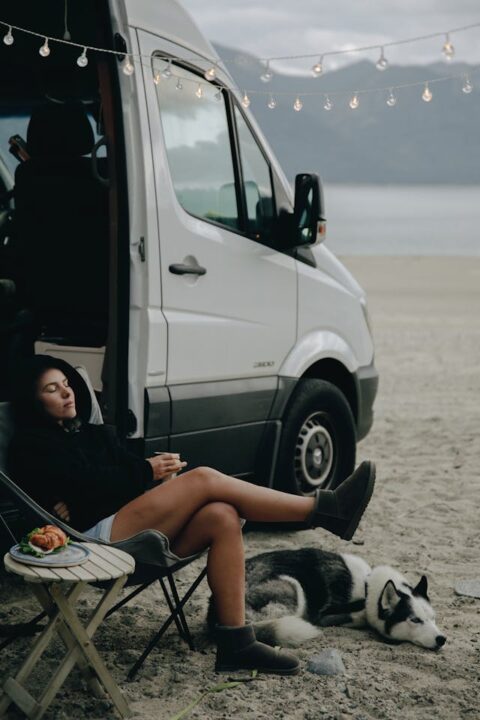 A woman camping in a camper van with its dog on a beach.