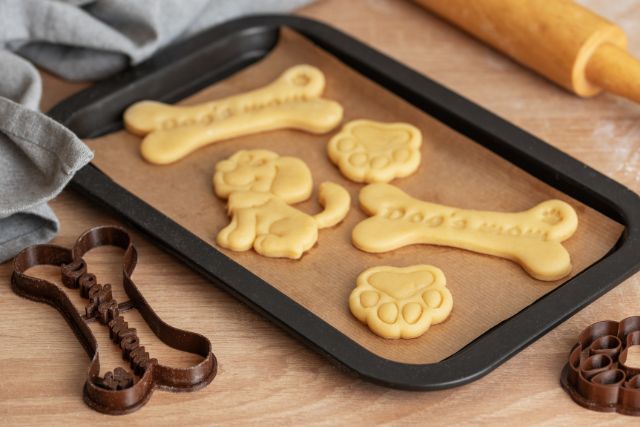 Homemade baked biscuit treats for dogs.