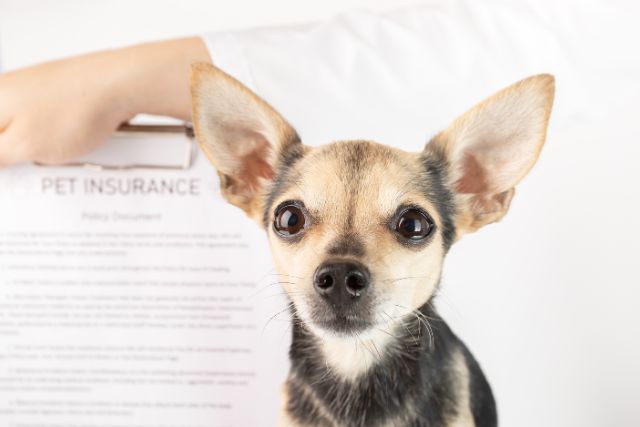 Cute little puppy posing with its pet insurance documents.