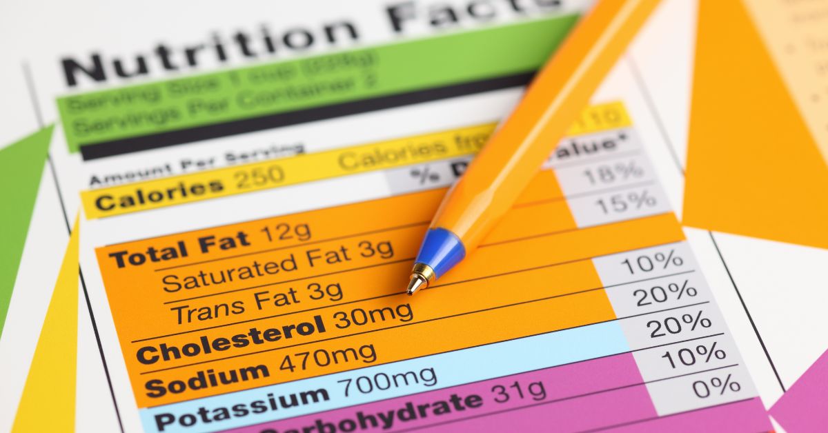 Nutrition label of a dog food pack.