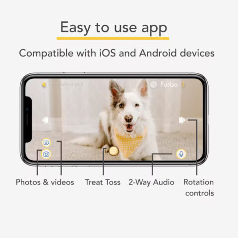 Furbo dog camera app on a mobile phone with control descriptions