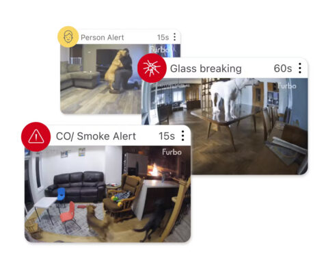 3 different Furbo alerts including Person Alert, Glass breaking, and Smoke Alert